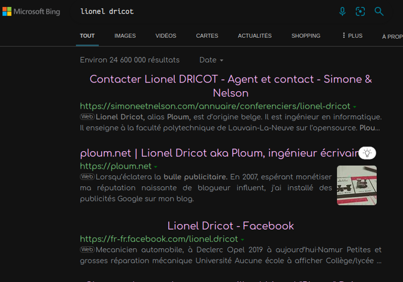 Capture d’écran d’une recherche Bing pour « Lionel Dricot »