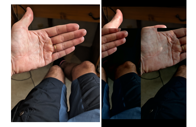 Une photo de ma main à gauche et la même photo complètement déformée à droite