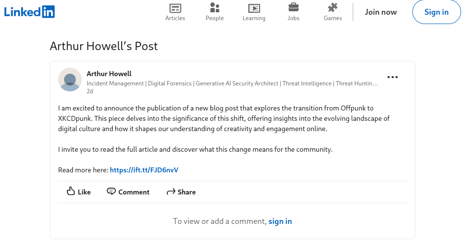Capture d’écran de LinkedIn montrant le billet d’un certain Arthur Howell se vantant d’un blog post racontant la migration de Offpunk ver XKCDpunk.